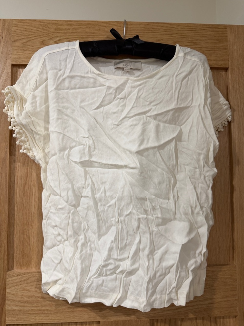 LOFT Cream Short Sleeve Top with Pom Trim Sleeves